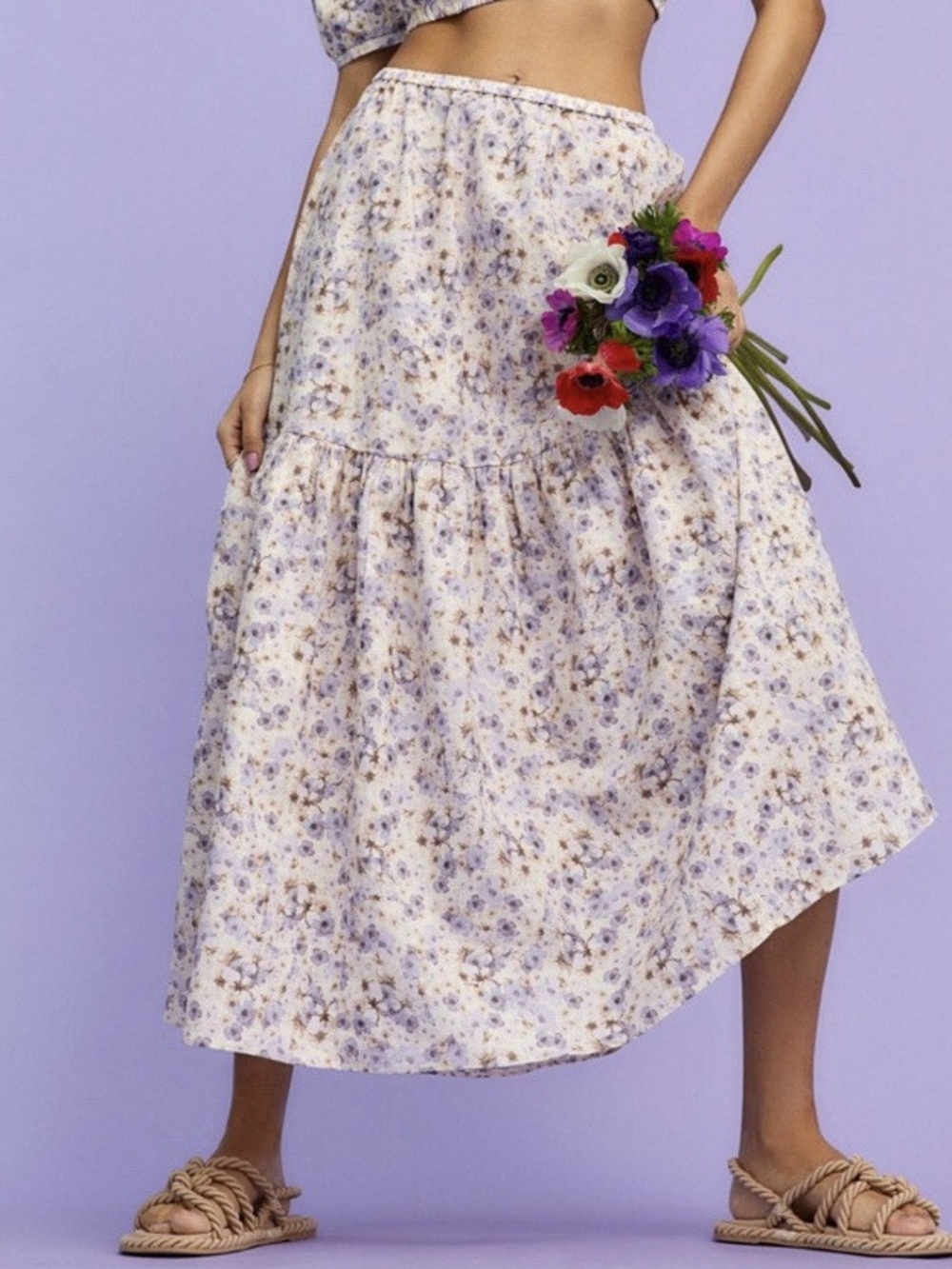 H&M Lavender Floral Tiered Midi Skirt Linen Blend Size Large